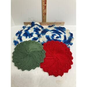4 Vintage Handmade Knit Crochet Pot Holder Hot Pad Trivet Circular One Layer